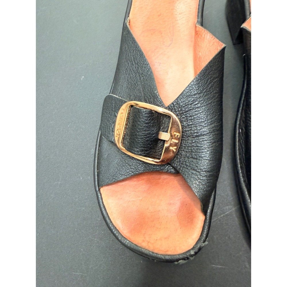 FLY London Elax Leather Mules Sandals Women's Buckle‎ Detail Black Open Toe 7 - Picture 3 of 11